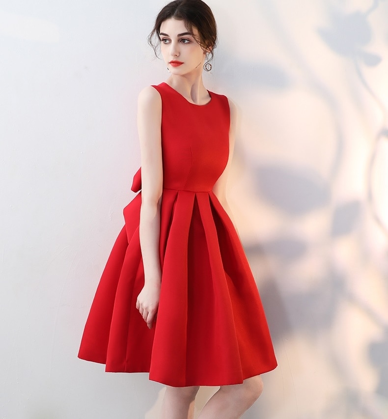 1587.バックリボンAラインドレス（レッド）2019 春夏 sale パーティー 女子会 結婚式披露宴2次会謝恩会