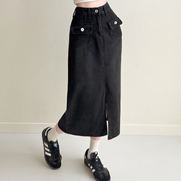 韓国ファッション ポケット Hライン スリット 黒青 デニム ロング スカート