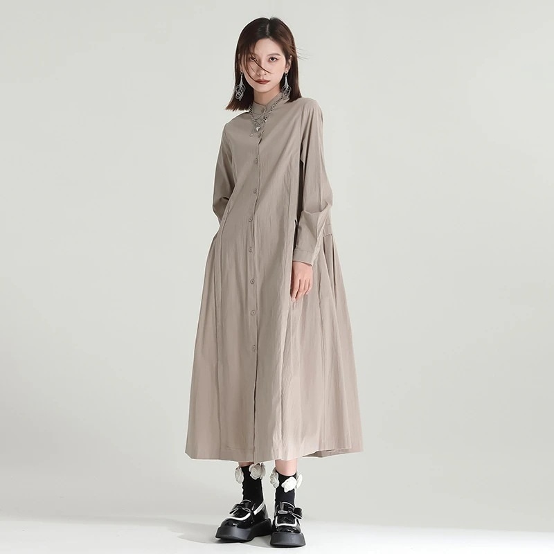 ロングワンピース 長袖 秋服 日系 パーティードレスドレス綿麻 切り替え シャツワンピース イレギュラー ワンピース 無地 体型カバー