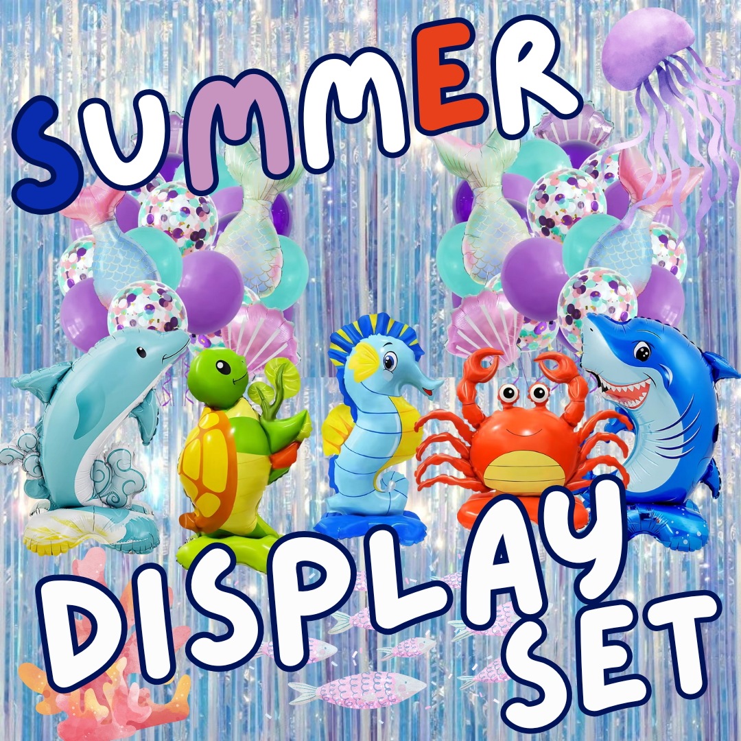 サマーディスプレイセット！　47点組　夏　海　イベント　ショップ　店　店頭　店内　装飾　飾り付け　バルーン　風船　自立　人魚　こども　男の子　女の子　サメ　イルカ　カニ　亀　タツノオトシゴ　デフォルメ