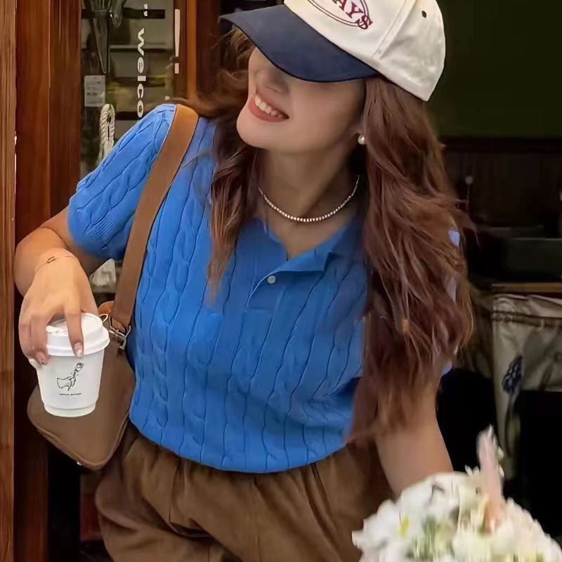 Rl Rl刺繍ポニーレーベルツイストニットショートスリーブ女性のスリムトップショートtシャツスリムサマーポロカラー 5,107円