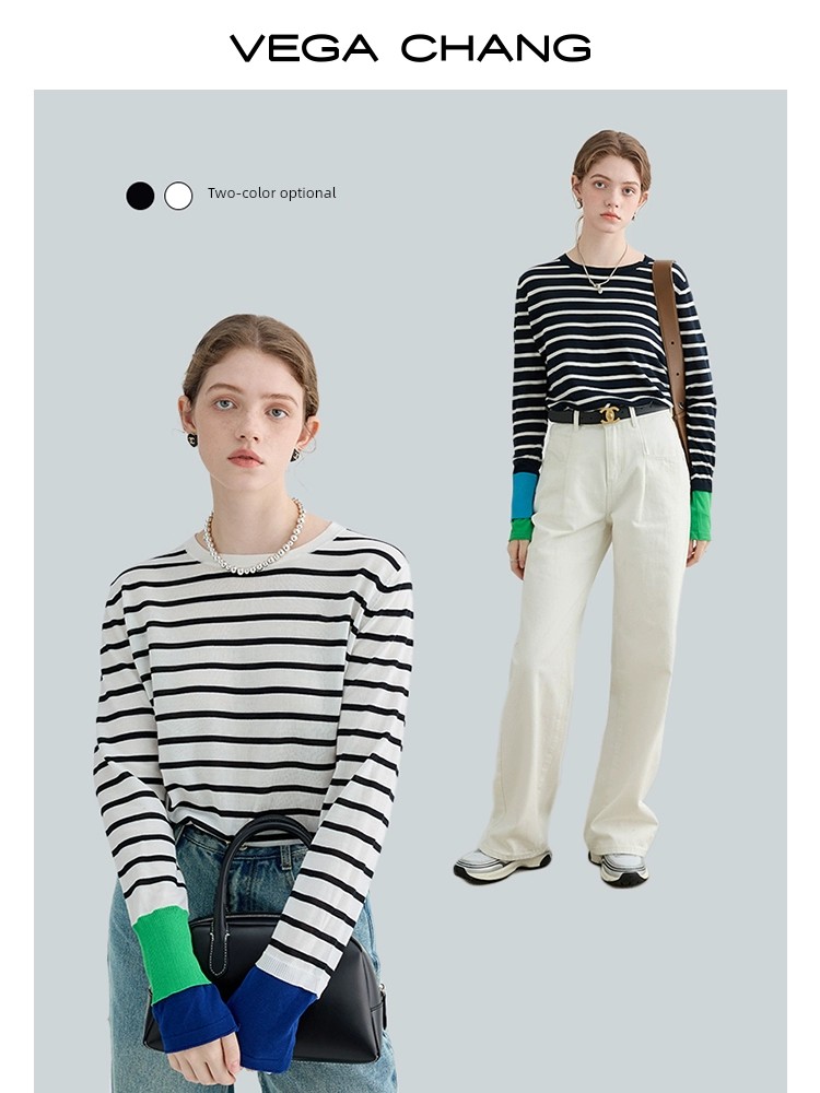 [綿+酢酸] ストライプ Tシャツ レディース 2025 春秋 ゆったり スリム ラウンドネック 長袖 トップス 7,756円