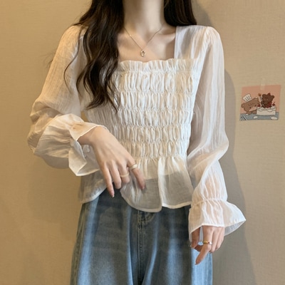 トップス ブラウス カットソー 袖あり 長袖 スクエアネック かわいい 大人可愛い シンプル 大人 上品 おしゃれ お洒落 レトロ 大人女子 こなれ感 ラブリー キュート ガーリー 無地 春 秋