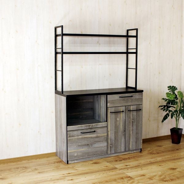 古木風木目柄のアイアン仕様の異素材カップボード 国産 幅約120cm 棚板タイプ ブルックリン