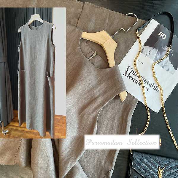 驚きの安さ上品麻のワンピース　シンプル　ノースリーブ　ダブルポケット　リネン　ほっそり効果大 20代30代40代50代60代　ミセス