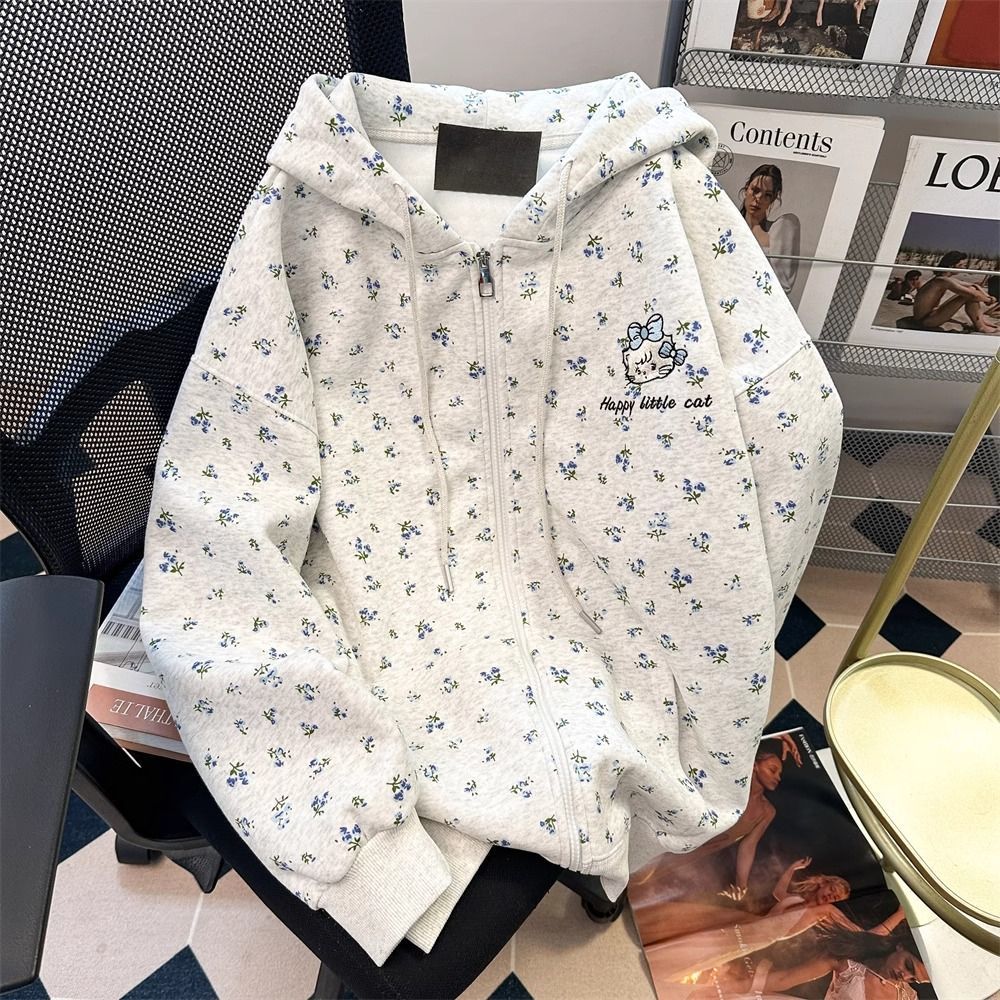 レディースミドル丈フード付き花柄スウェットシャツ裏地フリース厚手カーディガンジッパー付きかわいい猫のデザイントレンディなスタイル