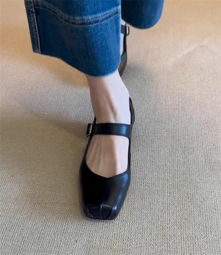 早い者勝ち 小さな革靴 太いヒール 一字ベルト パンプス メリージェーン靴 バレエシューズ 豚鼻靴 オールシーズン スクエアトゥ レトロ
