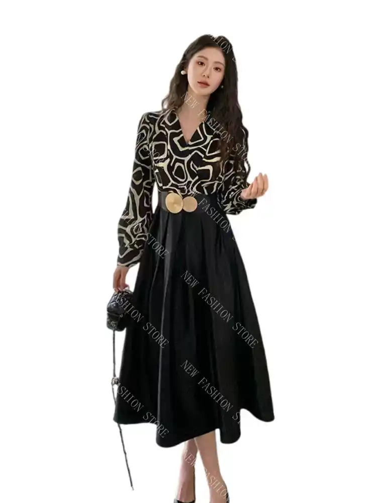 フレンチ V ネック長袖ワンピースガウン-53