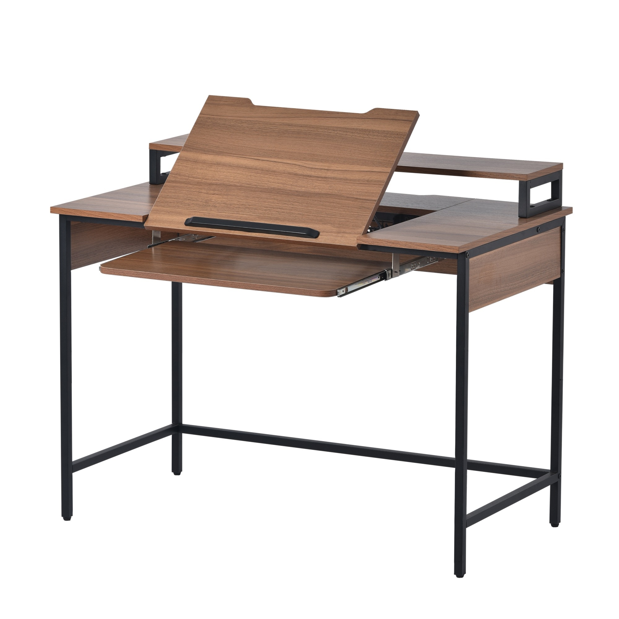 【迅速な出荷/1514】【新品登場】パソコンデスク ハイタイプとロータイプに切り替え可能 多段階調節ホルダー付き オフィスデスク 木製 学習机 いくつのPC設備同時使用可能【ダークブラウン】