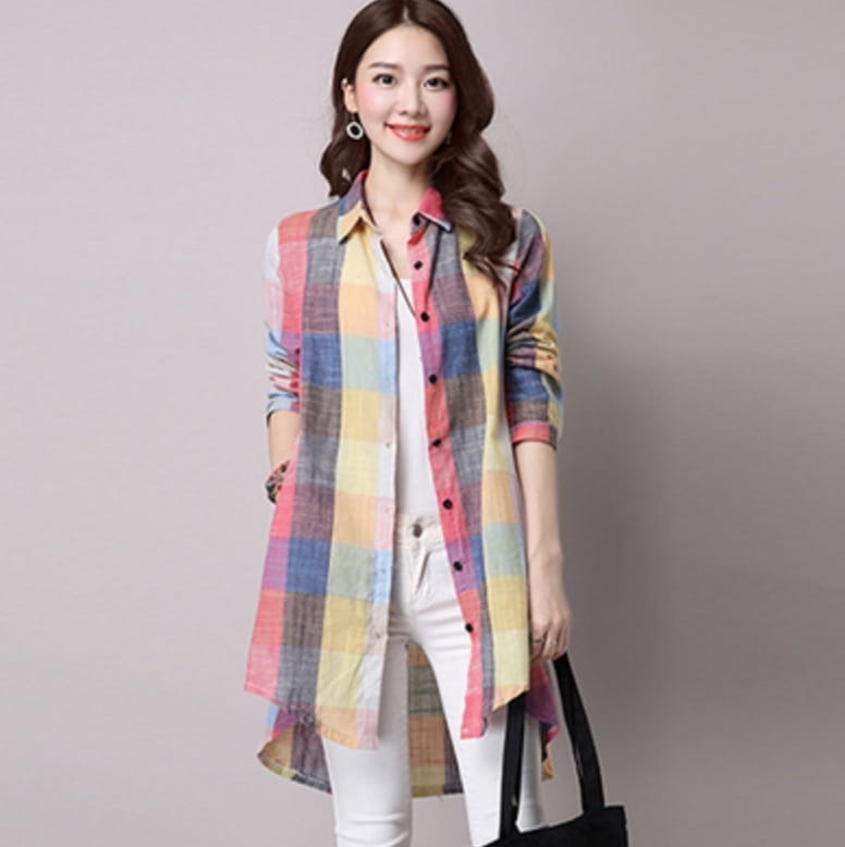 トップス シャツ ブラウス カットソー かわいい 大人可愛い きれいめ シンプル カジュアル 大人 シャツ ロング丈 チェック柄 2XL アウトドア 休日 公園 2XL XL 韓国 長袖 春夏 モテ