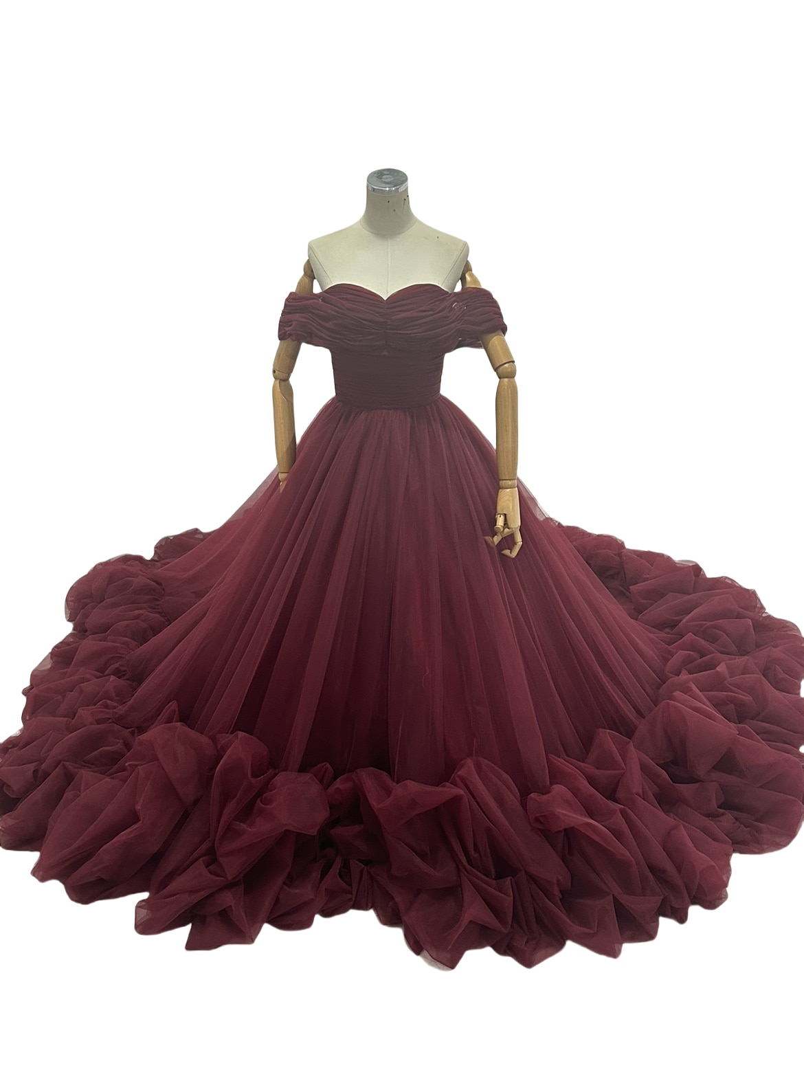 カラードレス ワインレッド オフショルダー ボリュームドレス 編み上げ ラッフルフリル 前撮り