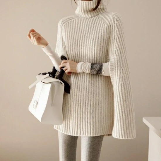 2019 秋冬 ニット トップス ケープ ポンチョ レディース ワンサイズ 3色 ホワイト グレー ブラック デザイン ハイネック チュニック きれいめ 清楚 お嬢様 フォーマル エレガント 長袖 お