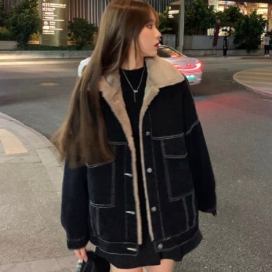 ラムウールフリースデニムジャケット アウター ディアム丈 袖あり 長袖 襟付き ポロカラー もこもこ