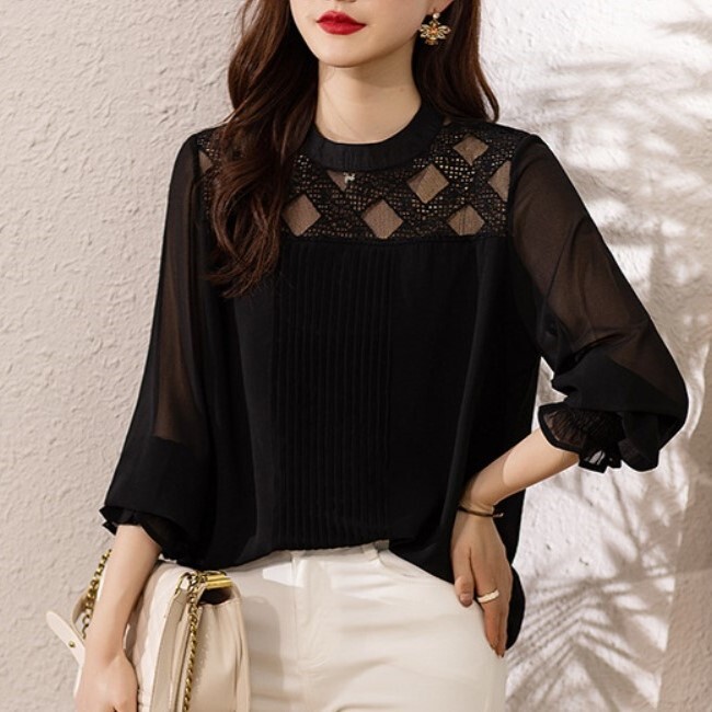 デコルテ格子柄レース切替え 袖シアー ピンタック トップス ブラウス ミディアム丈 七分袖 キャンディスリーブ 襟なし クルーネック 切り替えデザイン 透け感 シースルー シンプル カジュアル 5,573円