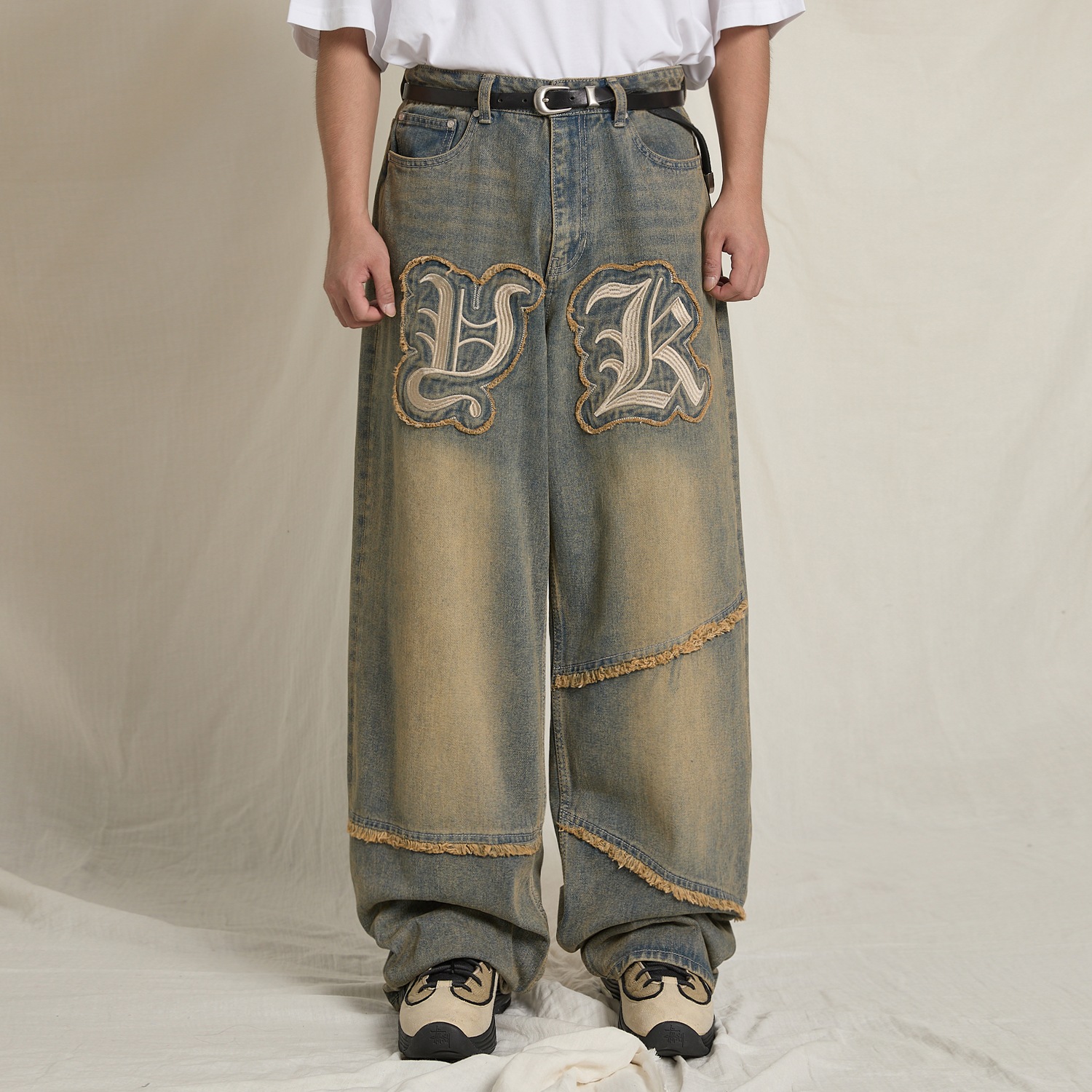 YK Applique Denim Pants Yellow Washing DEEP BLUE