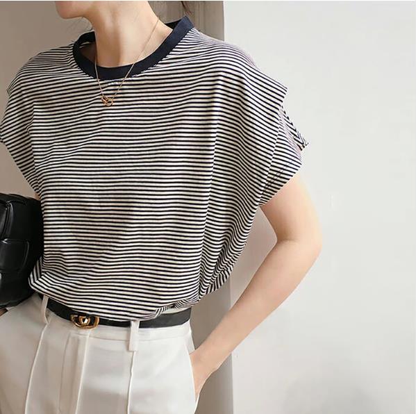 新しいリーンリーンルーズストライプショートスリーブコットンT-シャツボルダーバットスリーブトップ
