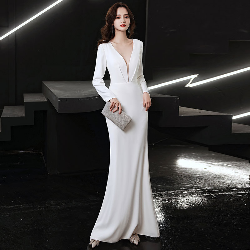白いイブニングドレス女性 V ネックテールロングホスト宴会ドレス