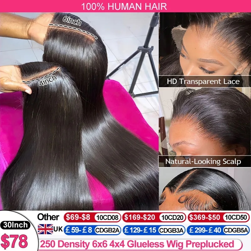 250 密度グルーレスウィッグ人毛レース前頭かつら HD レースウィッグ 13 × 6 人毛すぐに着用できる 30 インチストレート人毛ウィッグ