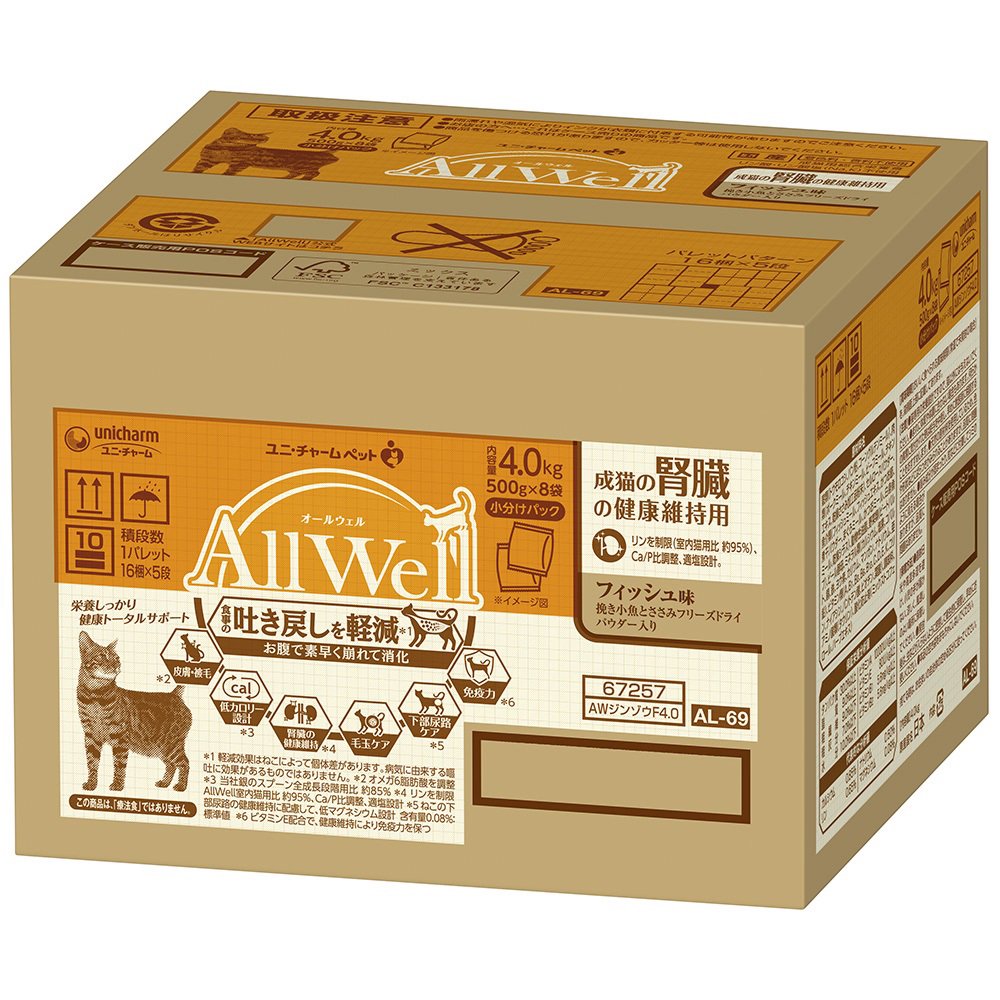 キャットフード　ユニ・チャーム　ＡｌｌＷｅｌｌ　成猫の腎臓の健康維持用　フィッシュ味　挽き小魚とささみフリーズドライパウダー入り　４．０ｋｇ　ＣＲＣ35―15―88―40―00