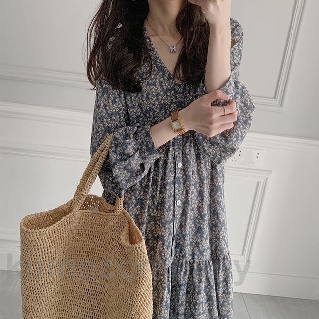 シフォンワンピース 長袖 レディース 花柄ワンピース Vネック ワンピース 春 ロングワンピ 柄ワンピ 秋 長袖ワンピース ドレス チュニック 送料無料