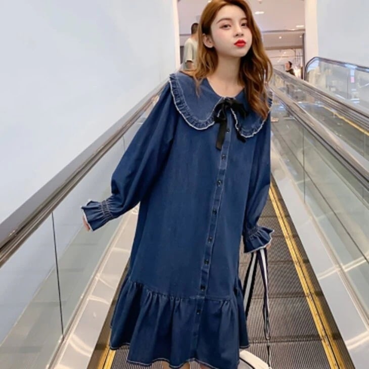 大き目サイズデニムオーバーデニムワンピざっくりデニムワンピ体型カバーワンピ大人ワンピ