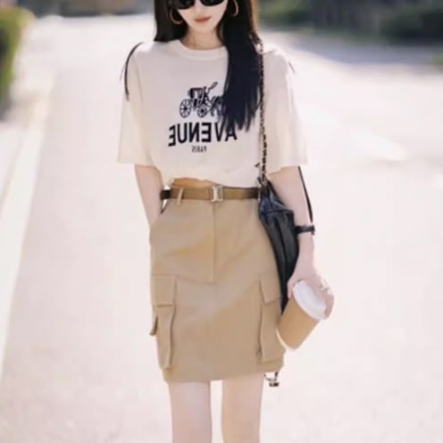 トップス スカート 上下セット レディース カットソー スウェット タイト ミニ カーゴ 春服 夏服 ミニ ひざ上 五分袖 クルーネック 丸首 Uネック タイト 細身 アメカジ 写真 映え モテ 普段