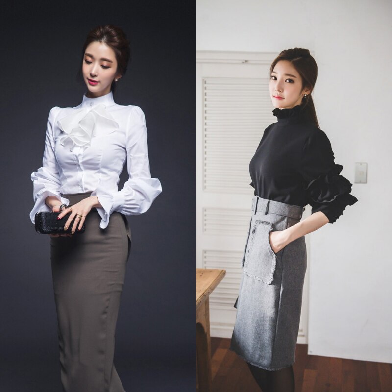 ２色 トップス シャツ ブラウス 夏 春 秋 かわいい きれいめ カジュアル レギュラー丈 長袖 ボリューム袖 フリル袖 ぽわん袖 ハイネック タートルネック フリルカラー フレア セミフレア 裾イン