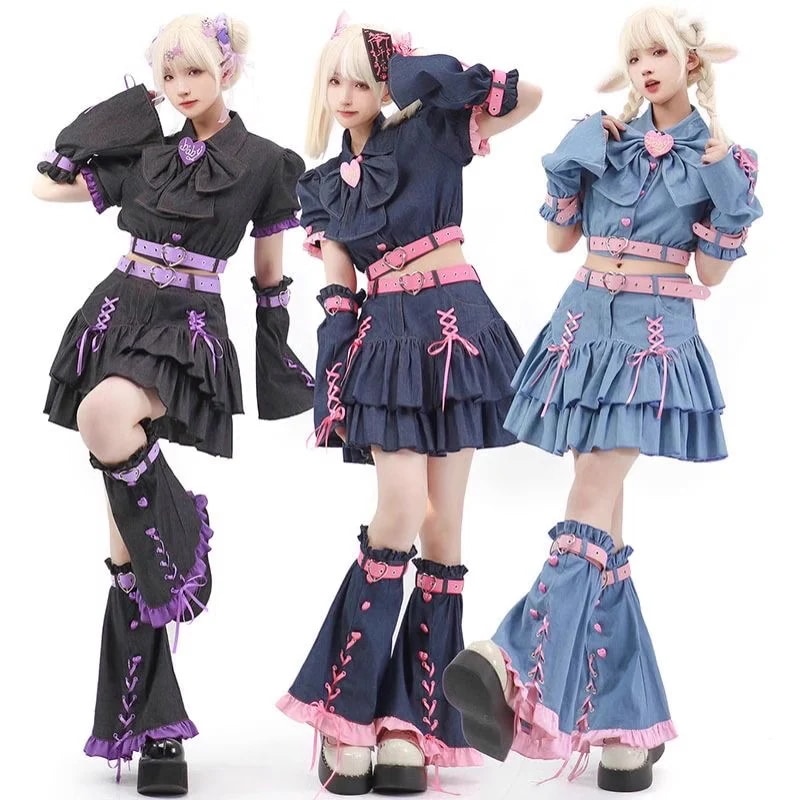 仮装 水色 地雷系 コスプレ ミニスカート ピンク ゆめかわいい セット衣装 ゴスロリ 衣装 ハロウィン 萌え 【新品先発】ロリータ風 ファッション Y2K メンヘラ デニム 森ガール 黒