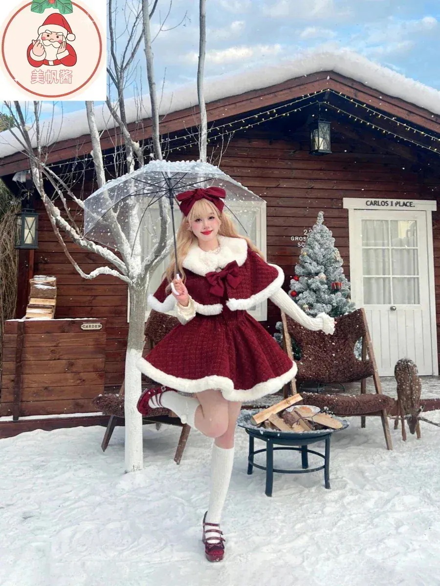 サンタコス クリスマス セット ロリータ レッド 蝶ネクタイ ポンチョ ジャケット キャミソールドレス