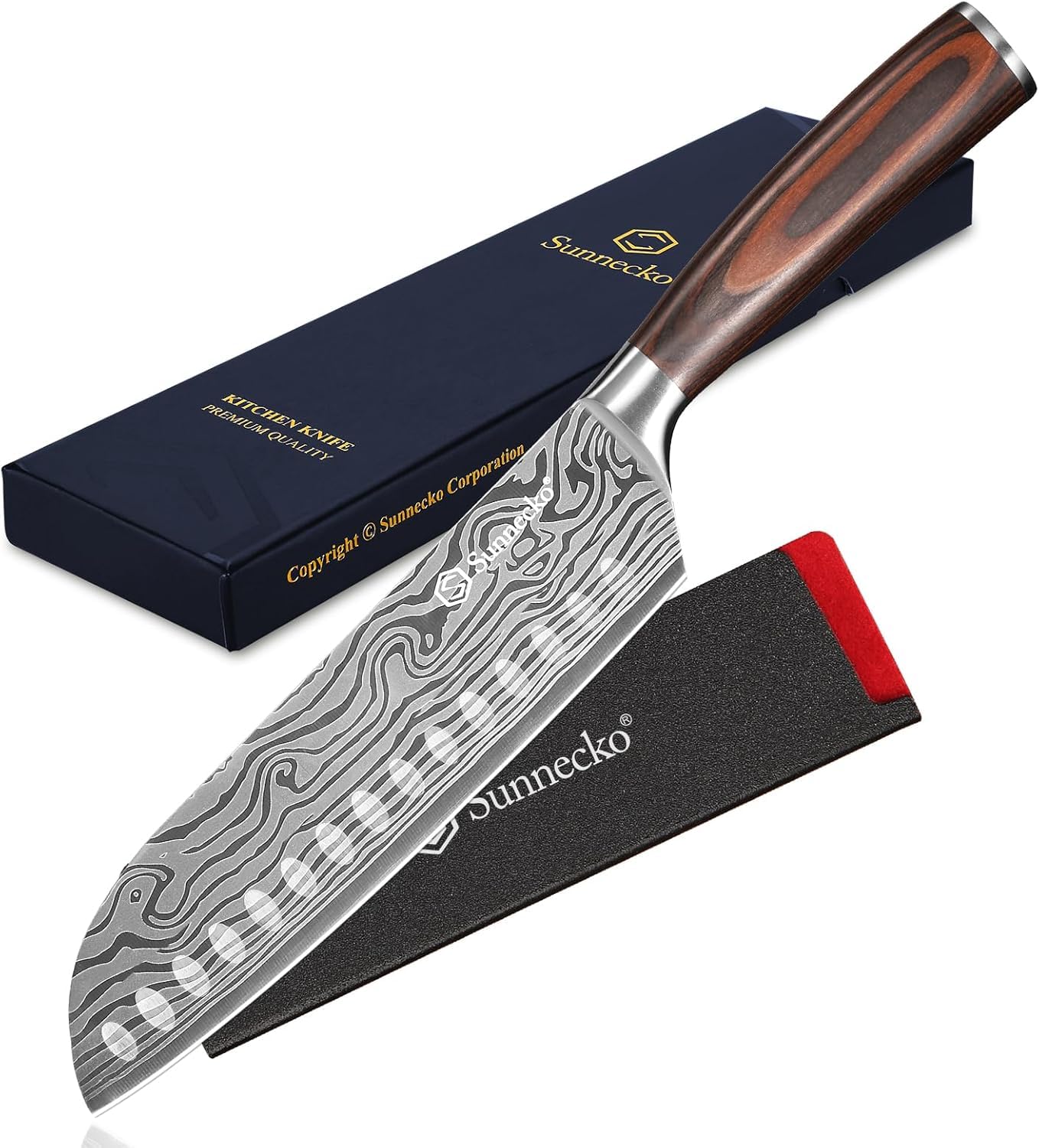 Sunnecko 包丁 三徳包丁 180mm ステンレス 鞘付き 木柄 料理包丁 切れる包丁 両刃 左利き対応 ダマスカス模様 おしゃれ 贈り物 家庭用