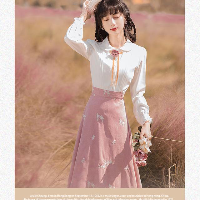 フェイク ツーピース コーデュロイ ドレス ホワイト ポロ カラー インチ シャツ 刺繍 気質 ドール カラー ドレス 女性