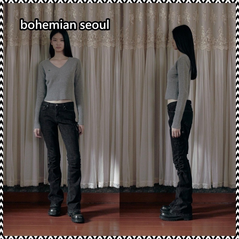 bohemian seoul SNOW WASHED LEG SHIRRING JEANS
