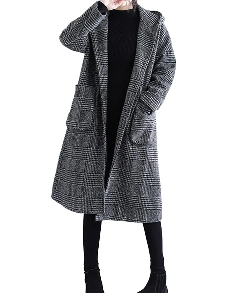 [ASARANS] ロングコート フードコート レディース ロング グレンチェック コクーンシルエット フード付き 秋 冬 (XL グレー)