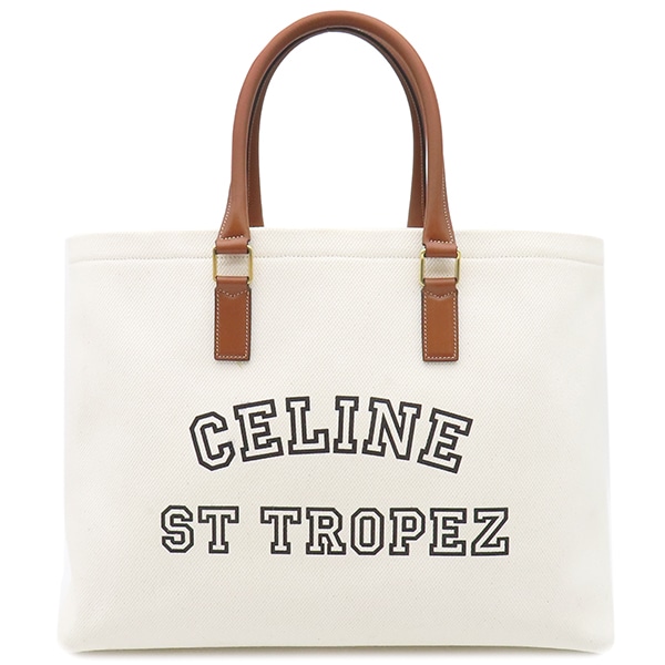 セリーヌ CELINE トートバッグ ホリゾンタルカバ キャンバス レザー ナチュラル×タン ゴールド金具 白 茶 ブラウン 【保存袋】【中古】