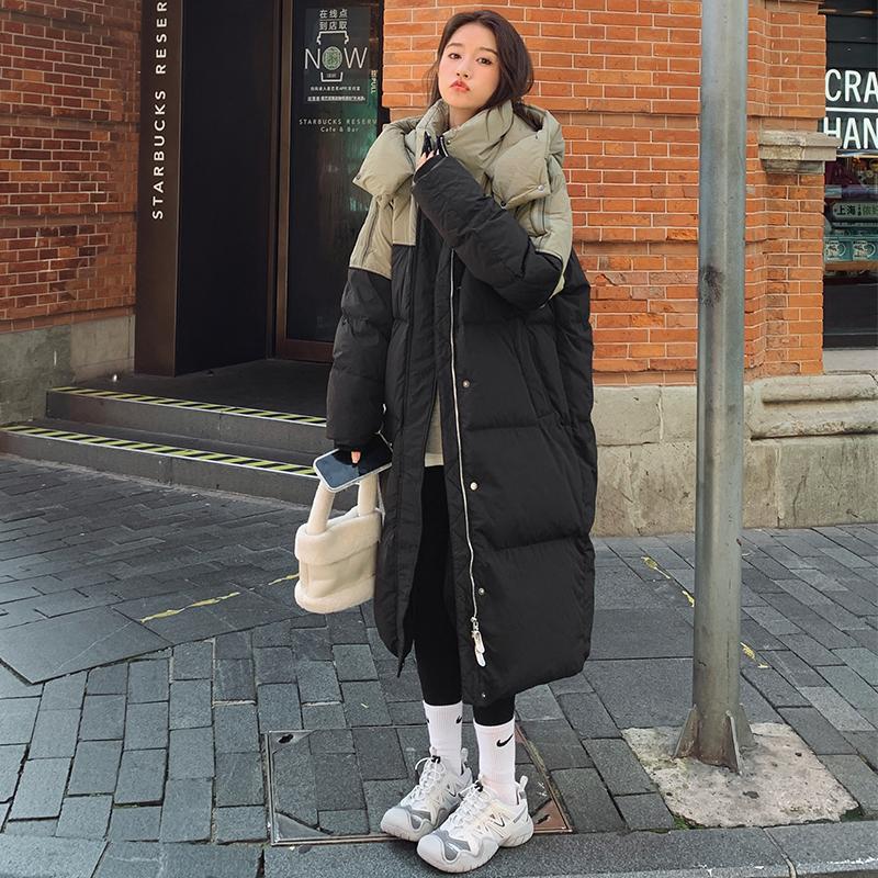 コントラストカラーのスプライシングダウンジャケット女性用ミドル丈2024冬新作韓国スタイルルーズコットンジャケット厚く暖かいコットンジャケット