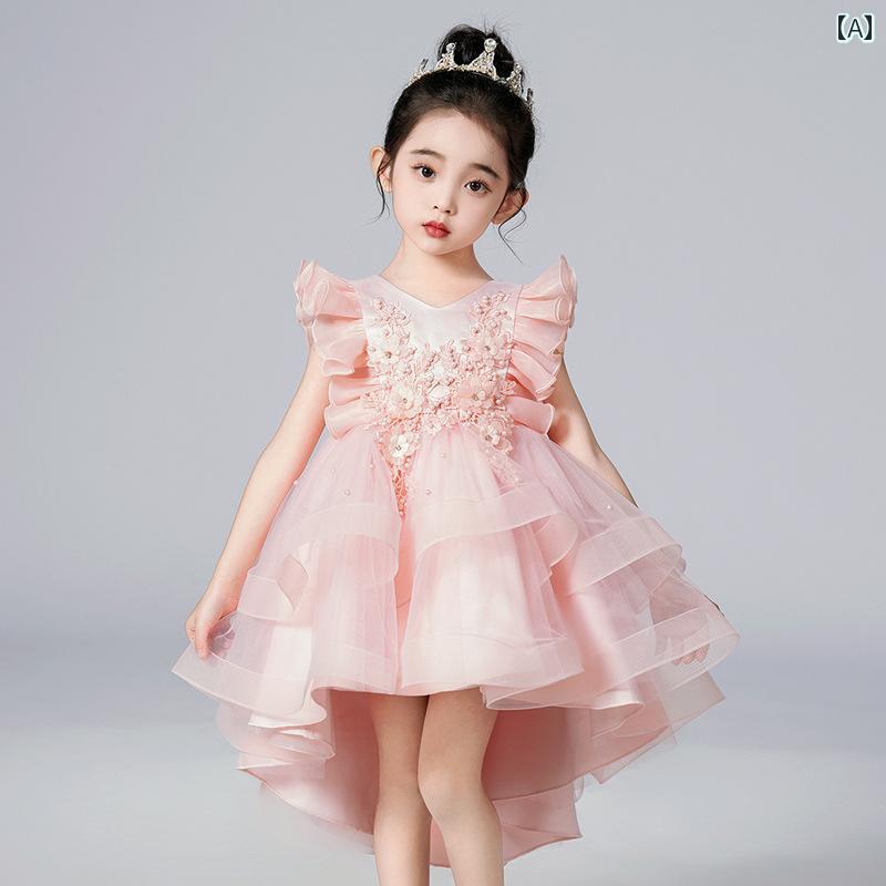 キッズ パーティードレス ジュニア ファッション 女の子 ドレス ガーゼ フラワーガール プリンセス フライング スリーブ 誕生日 パフォーマンス コスチューム ダンス 幼稚園