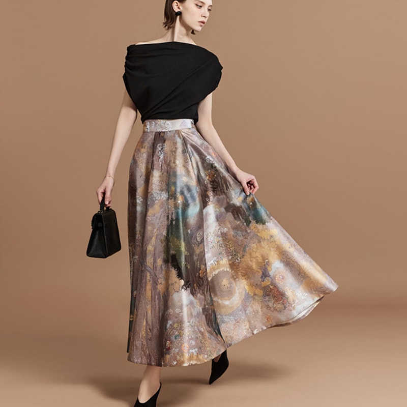 SK9219 ドローイング プリンティング フレア ミディアム スカート