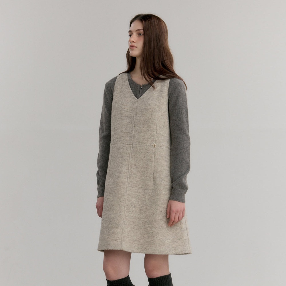 Carmel V-Neck Dress (Beige)