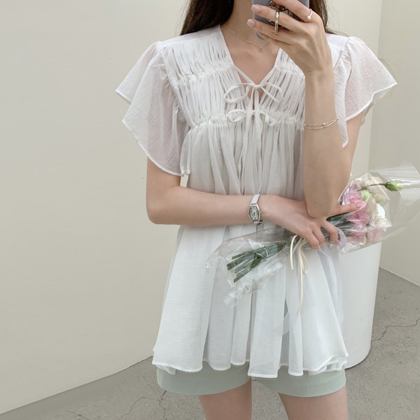 リボンシャーリングフレアブラウス bs7091