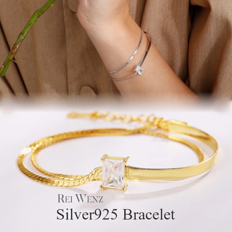 【高品質Silver925】ブレスレット 2連 バングル Silver925 ジルコニア 一粒 ボールド チェーン おしゃれ バー シンプル レディース プレゼント 重ね