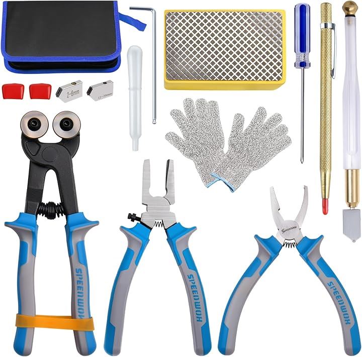 14本セット タイルニッパー タイルカッター ガラスカッター ランニングプライヤー ガラスニブリングプライヤー ガラス切断キット ガラス切断ツール(ブルー ＆ グレー)