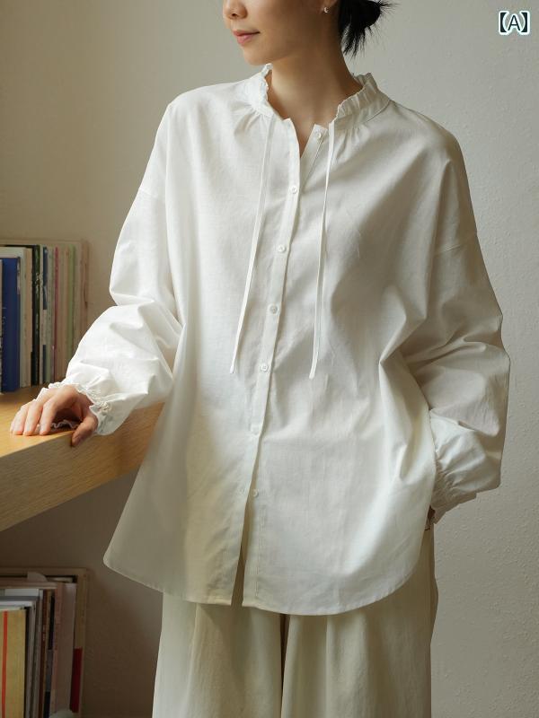 レディース　　シャツ　トップス リネン コットン レディース レース 小さい スタンドカラー ホワイト シャツ 無地 ドロップ ショルダー ロングスリーブ カジュアル トップス k