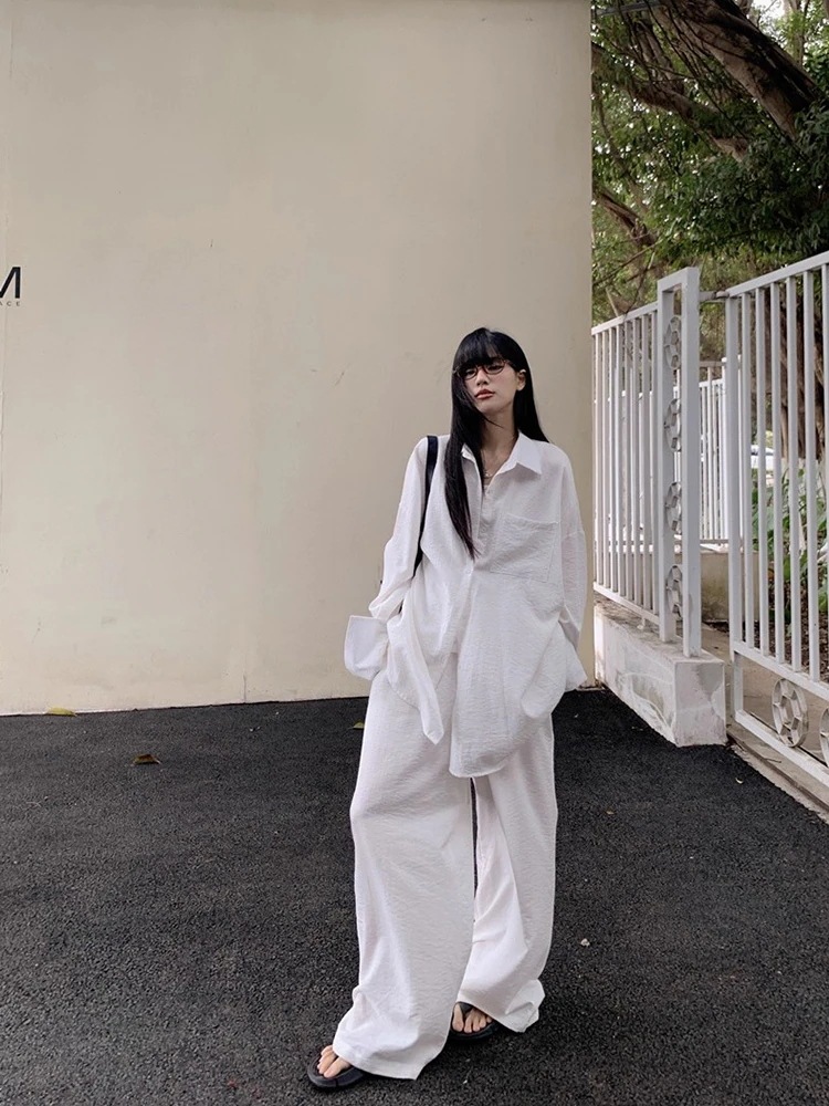 ボトムスロング丈シルエットゆったりお出かけ休日可愛いファッション 2025秋冬 ハイウエストタイトム韓国系 パンツ おしゃれ 2点セット長袖レディース ロング丈 シャツブラウス×