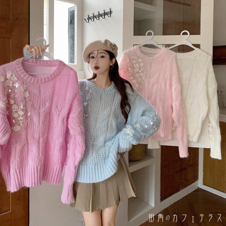 レディース トップス ニット フラワー フェミニン ガーリー キュート 上品 キュート 大人かわいい 長袖 ピンク ホワイト ブルー パープル 白 青 紫 20代 30代 40代 通勤 通学 オフィス