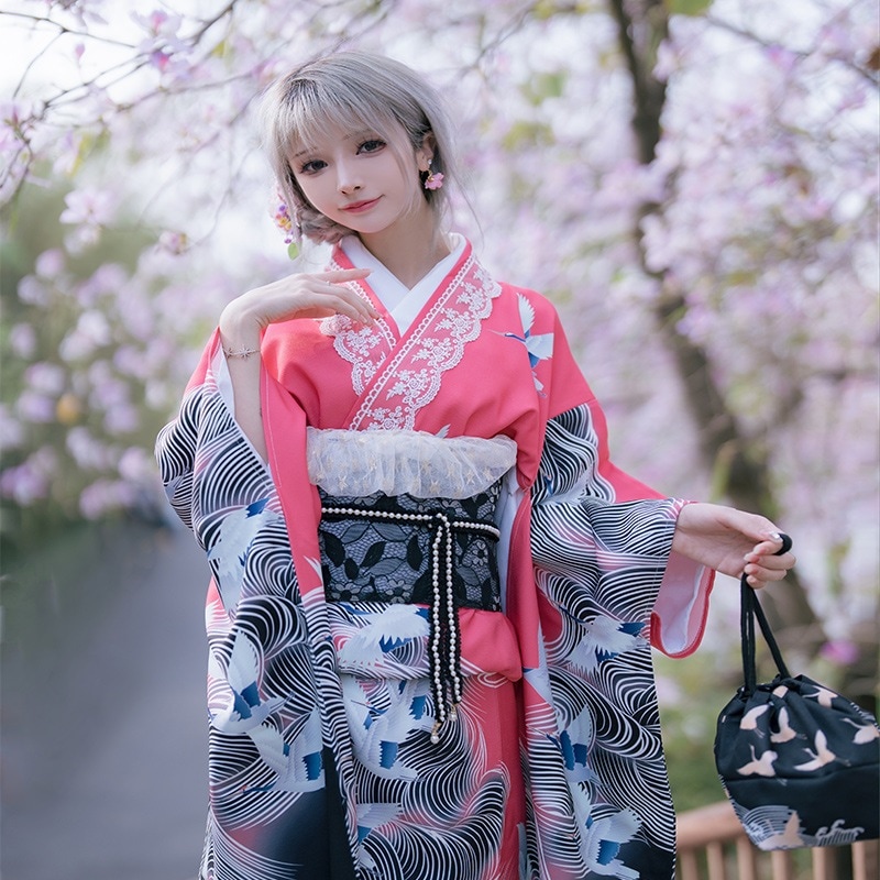 浴衣 着物女性の伝統的な位置決め印刷改良された大きな振袖着物鶴の模様 夏祭り 花火大会 文化祭 学園祭