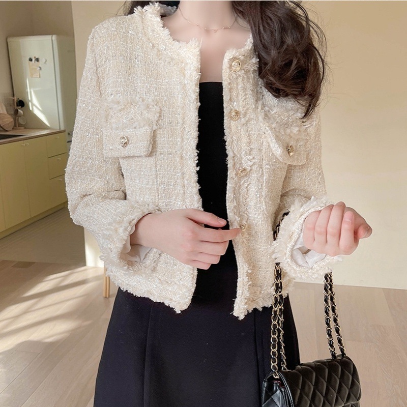 ツイードジャケット フリンジヘム ノーカラー ショート丈 フロントボタン きちんと きれいめ 韓国 レディース オルチャン 長袖 ラウンドネック スリム 前開き シンプル カジュアル 入学式