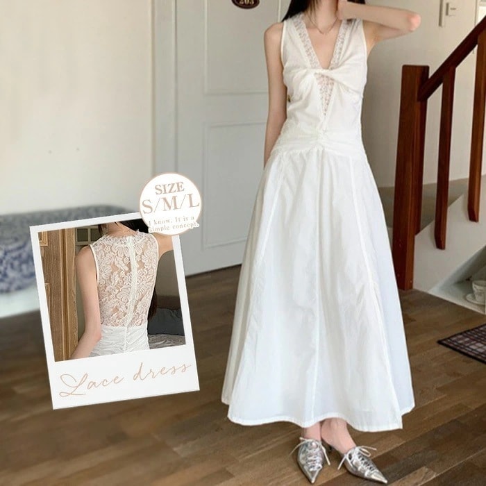 【2枚購入で1oo円OFF】タンクトップワンピース レディース ロング きれいめ レース 深Vネック シフォン 透け感 フレア ノースリーブ 春夏 切り替え Aライン ロングワンピース フレアワンピー