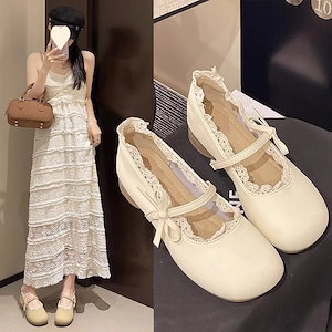 ロリータシューズ パンプス ののかわいい弓の円形のつま先の革靴の女性ののメリージェーンの靴