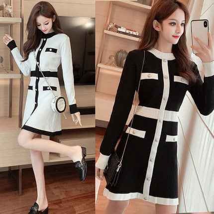 バイカラーニットワンピース ワンピース フレアワンピース ミニ ミニ丈 袖あり 長袖 ラウンドネック