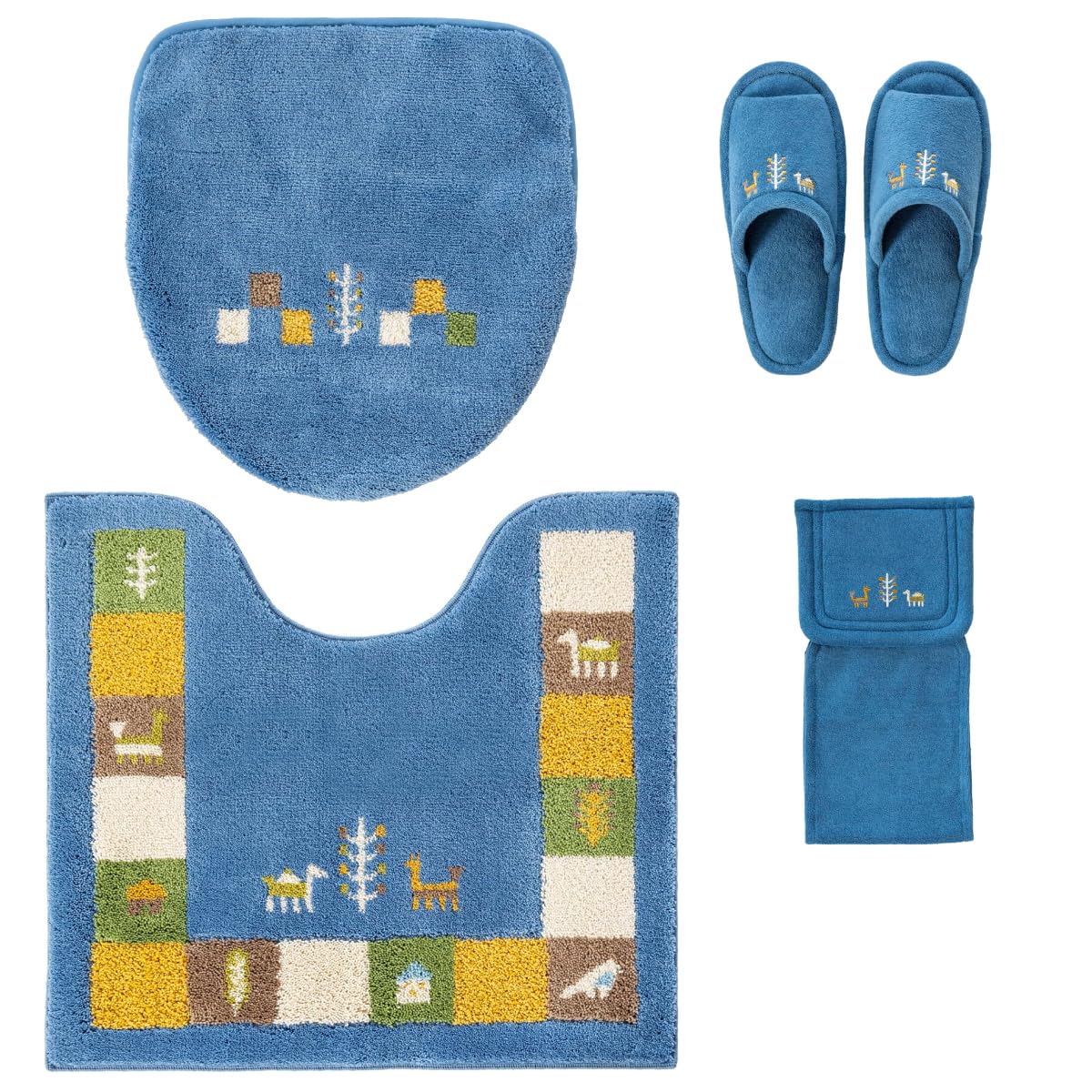 トイレマット 4点セット ブルー 日本製 洗える 抗菌防臭 おしゃれ 北欧風 シンプル (トイレマット・フタカバー・ペーパーホルダーカバー・スリッパ オカ シエラ